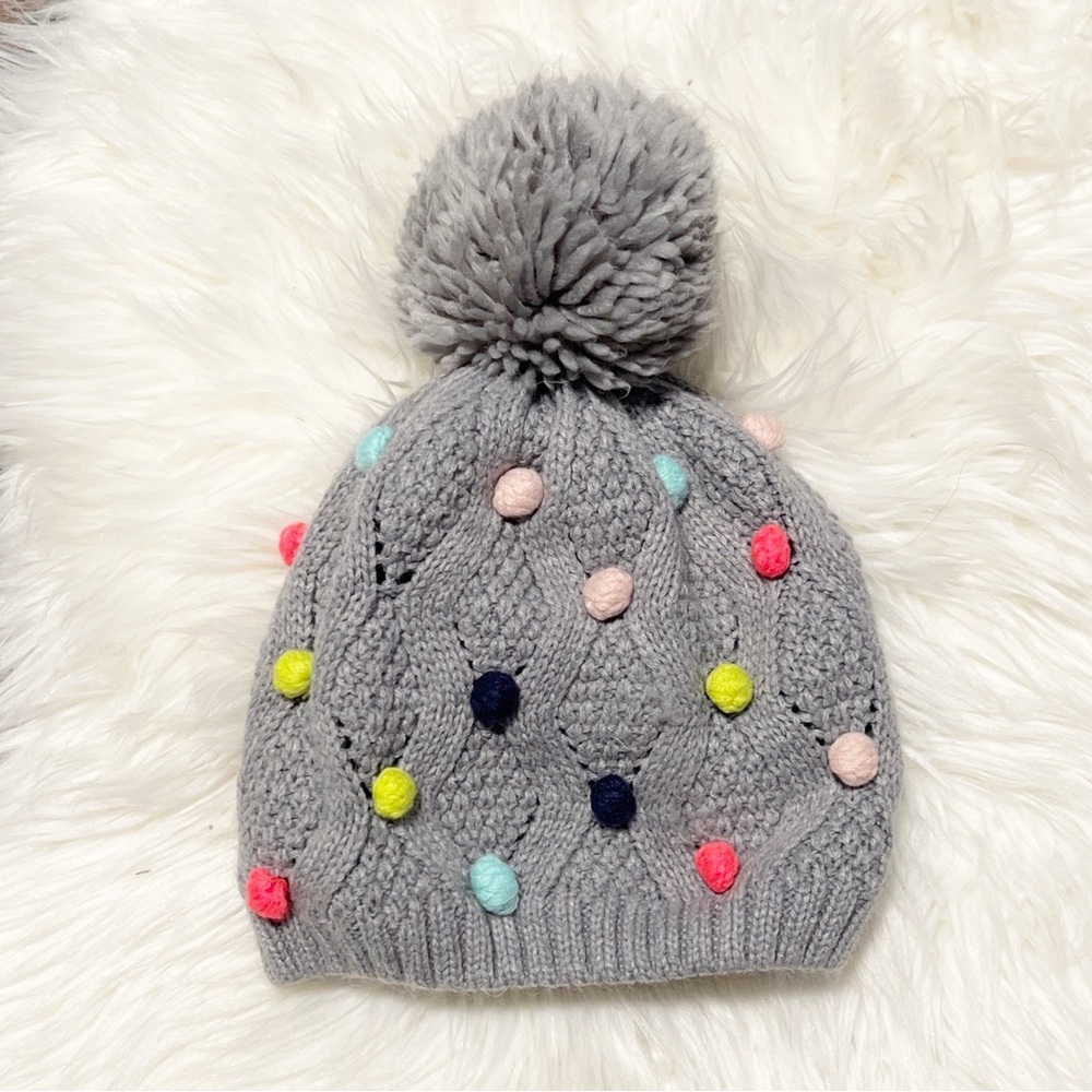 Gray Knitted Beanie Hat with Pom-Pom